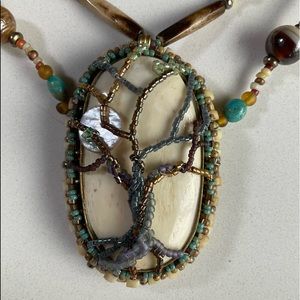 Tree of life hand crafted from beads up cycled ivory cabochon Kingman turquoise